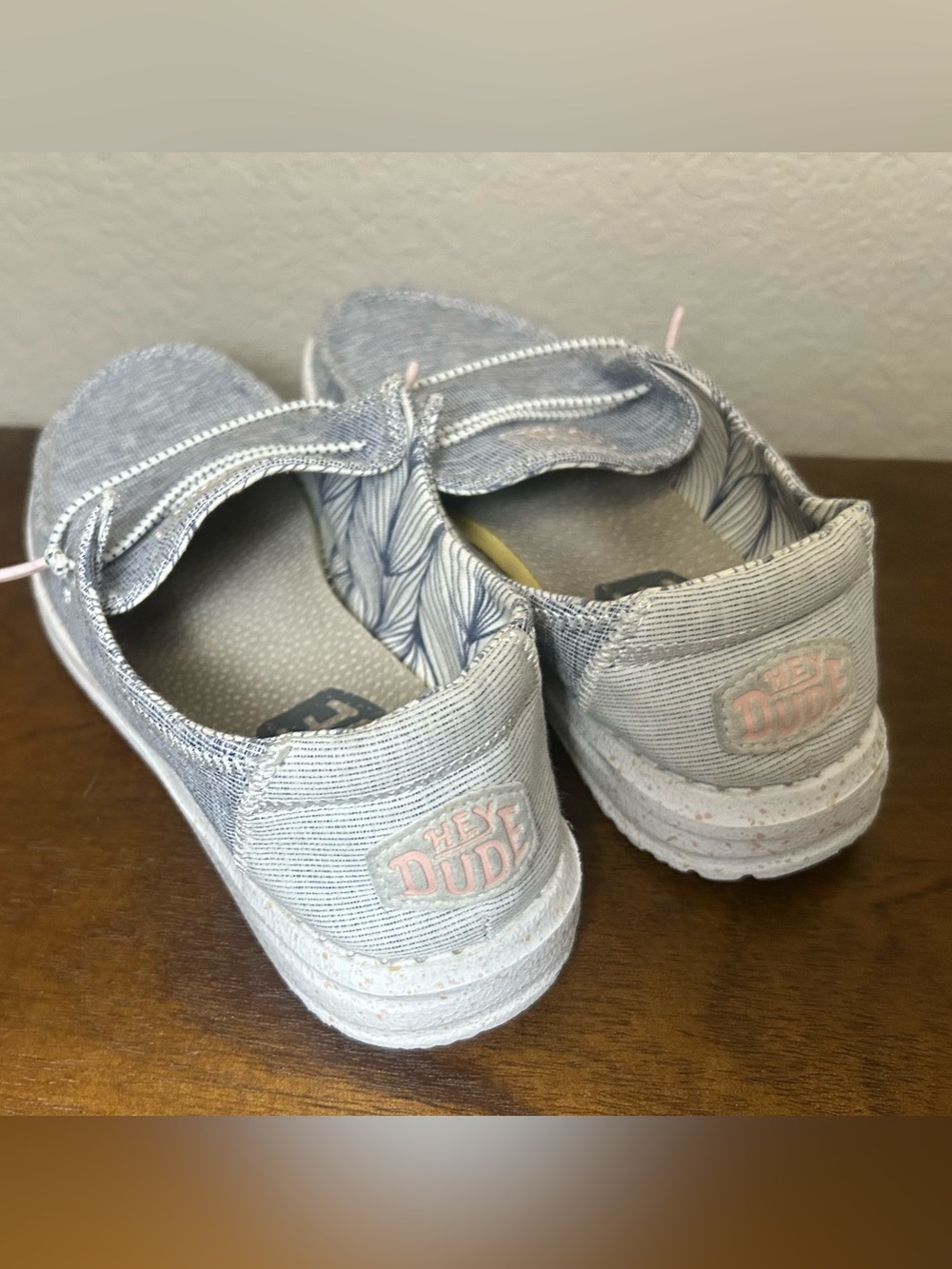 Hey Dude Slip-Ons Blue and White with Pink accents. Youth Size 4 - Picture 2 of 7